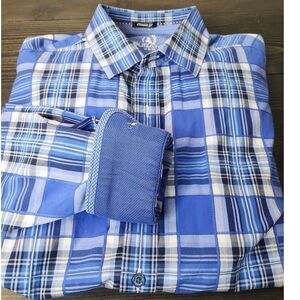 Bugatchi Classic Fit  Dress Shirt Contrast Cuffs Blue & White Long Sleeve‎  XL